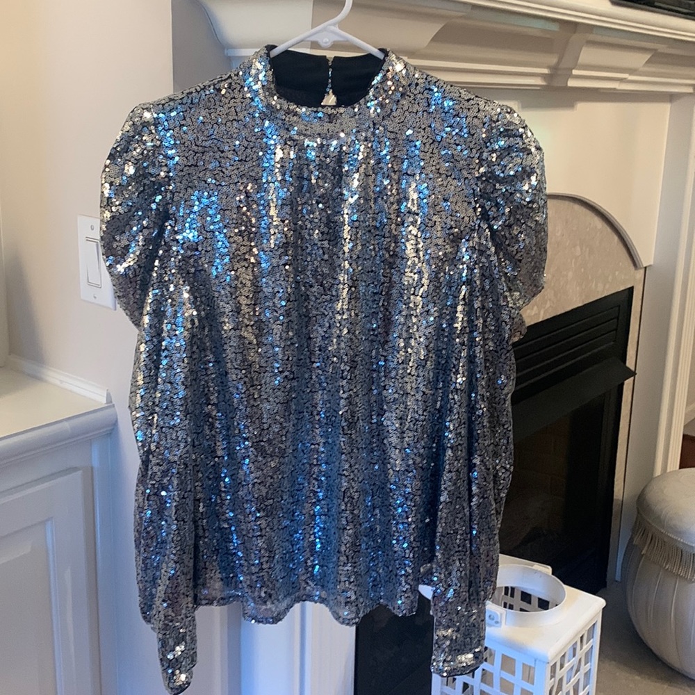 A. Calin by flying tomato Silver Sequin Puff Sleeved Top